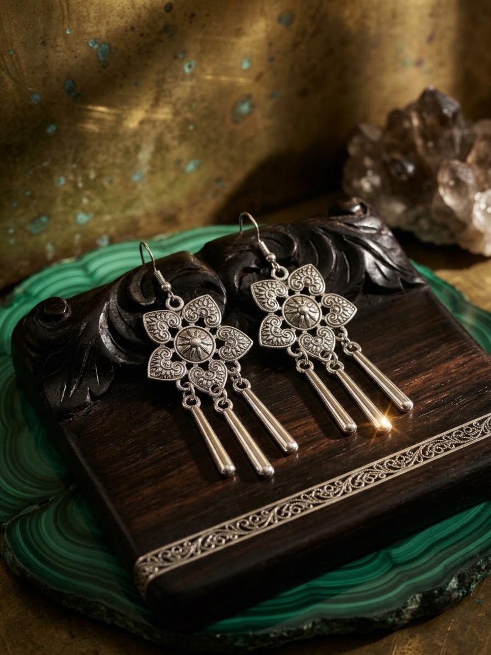 Boho Silver-Tone
Floral Statement Drop Earrings with Tassels
